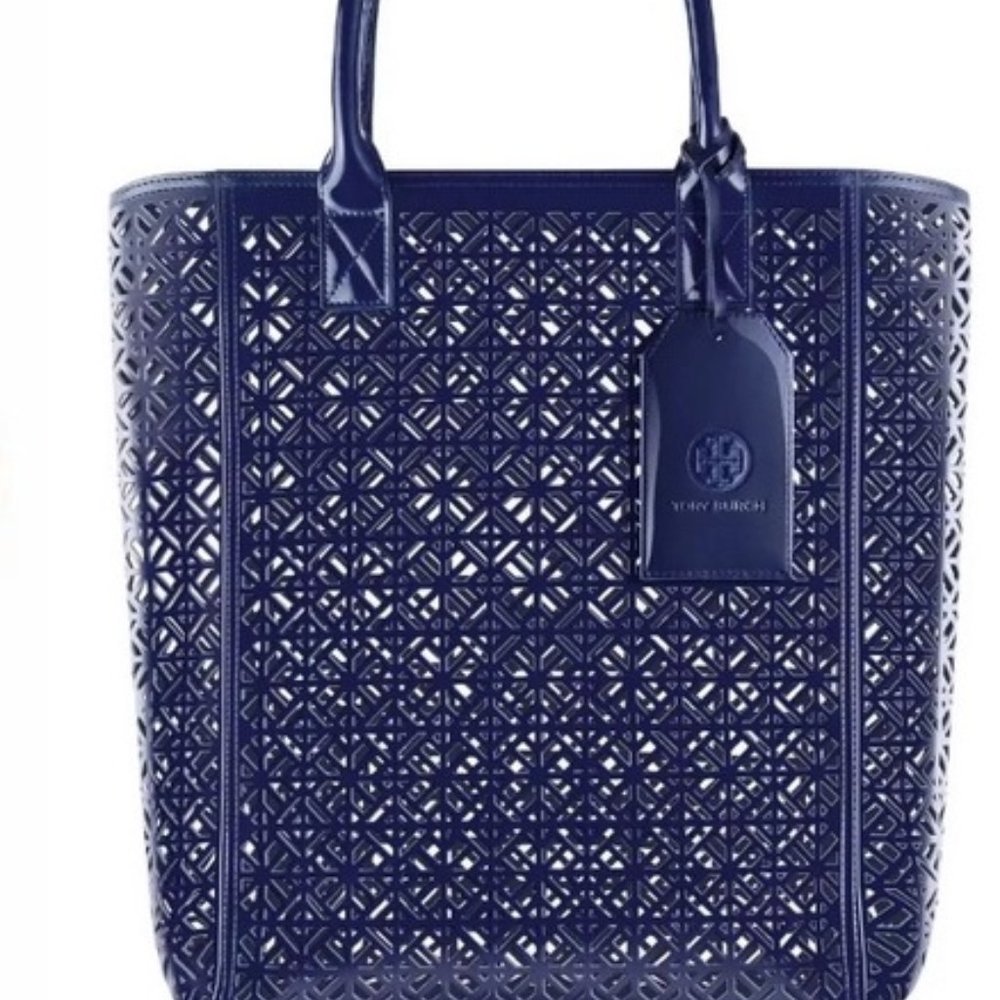 Tory Burch Perforated Tote Navy Purse Bag